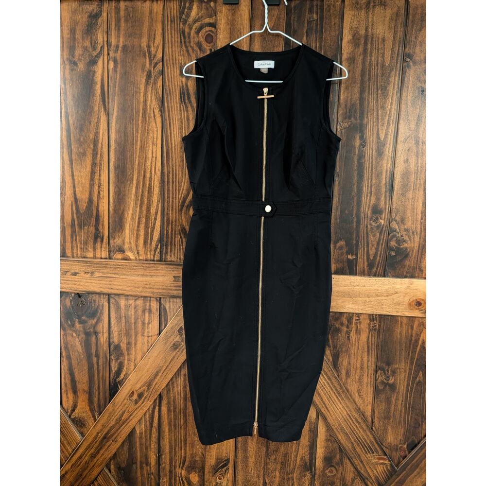 Calvin Klein womens sz 6 black sleeveless dress gold zipper button detail EUC